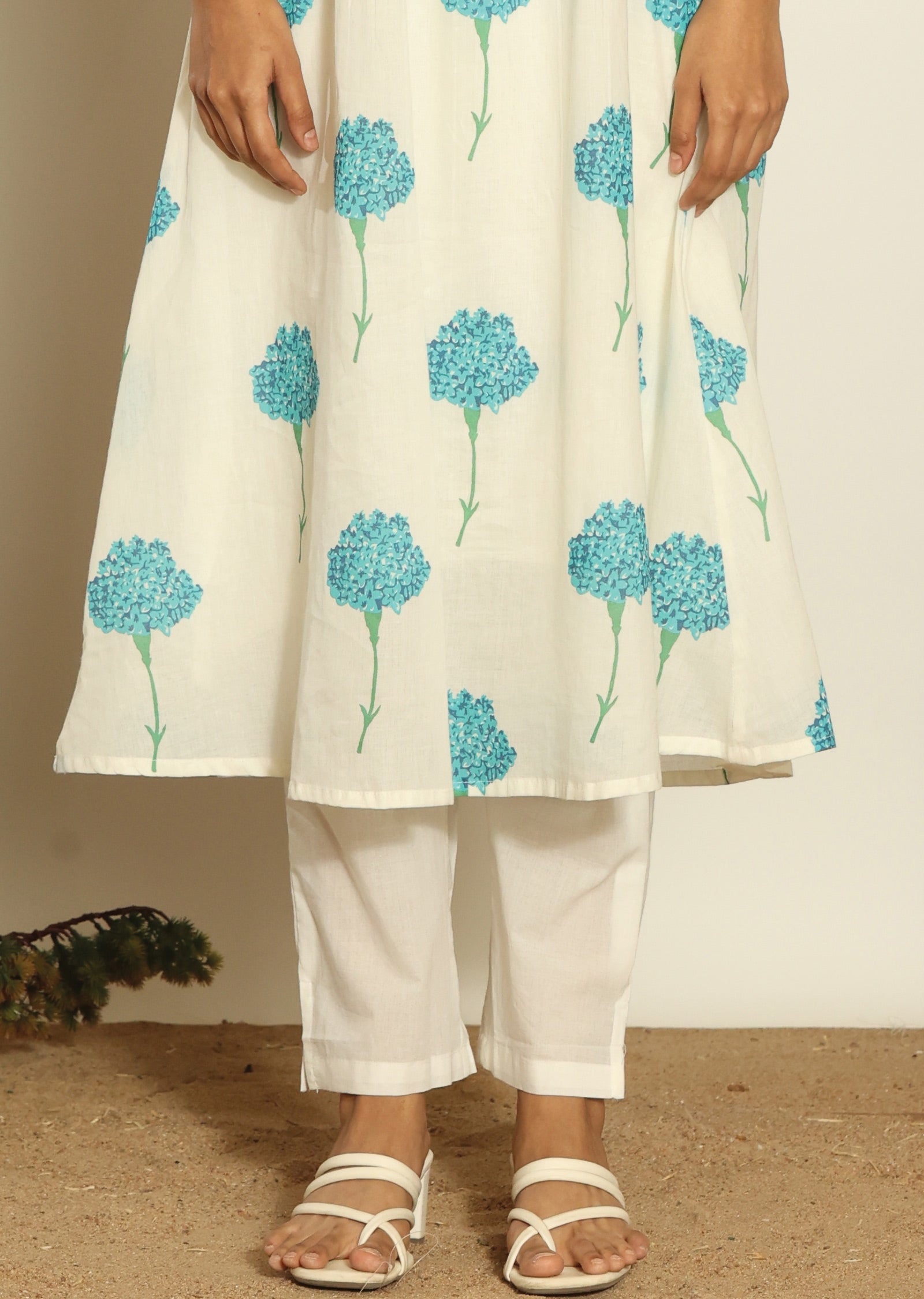Off White Cotton Straight Cut Kurti Set
