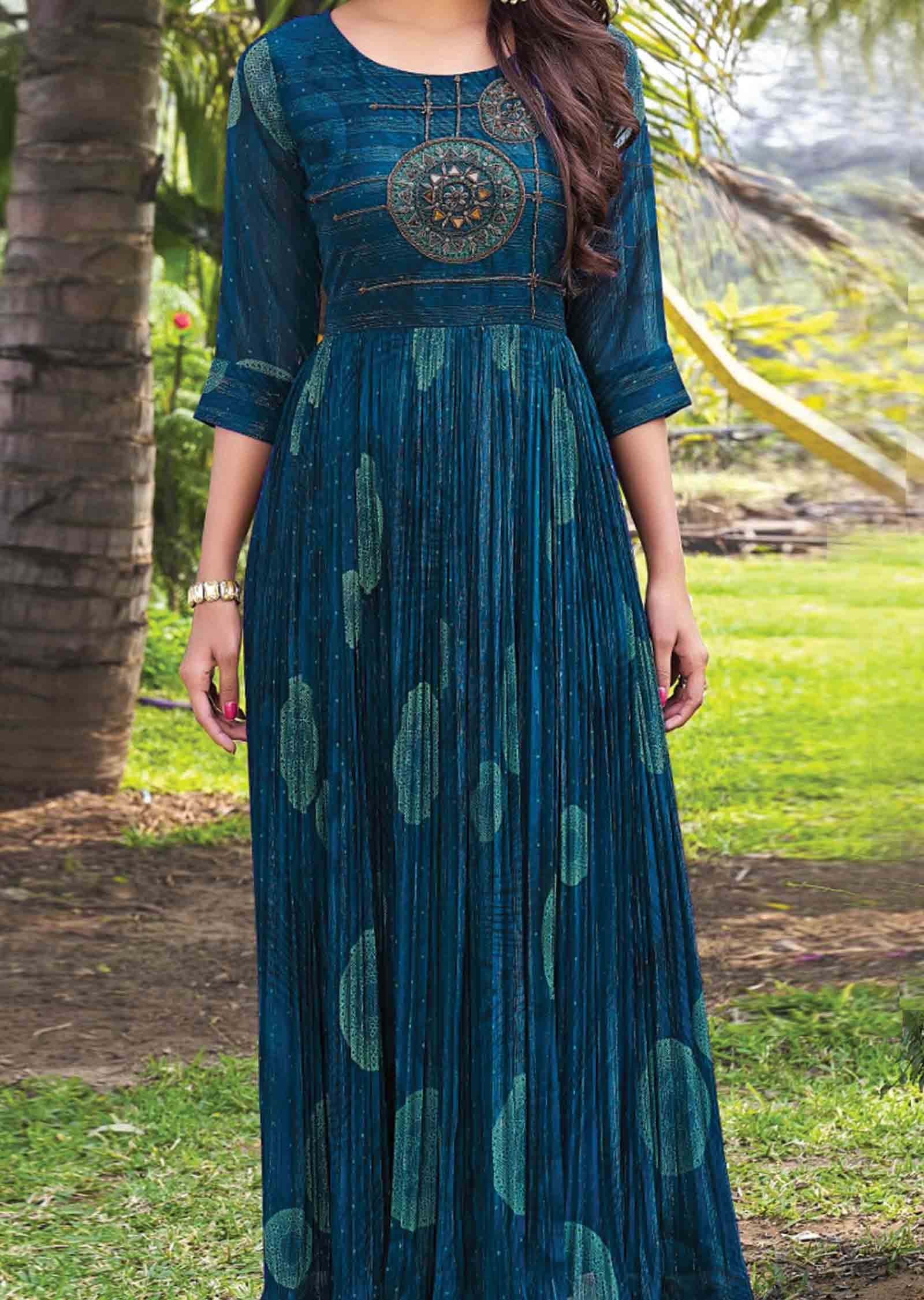 Teal Blue Georgette Printed Full Length Kurti