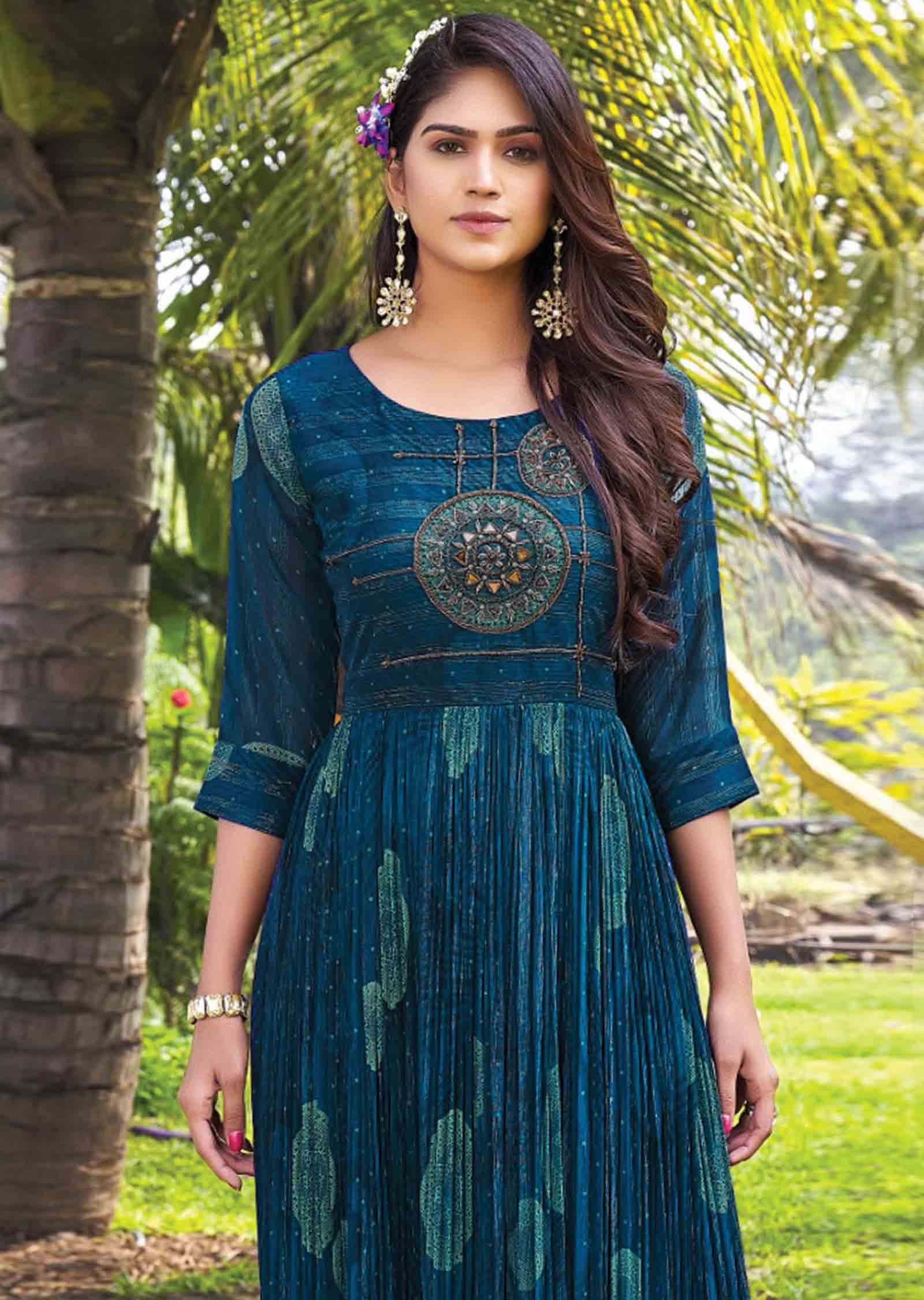 Teal Blue Georgette Printed Full Length Kurti