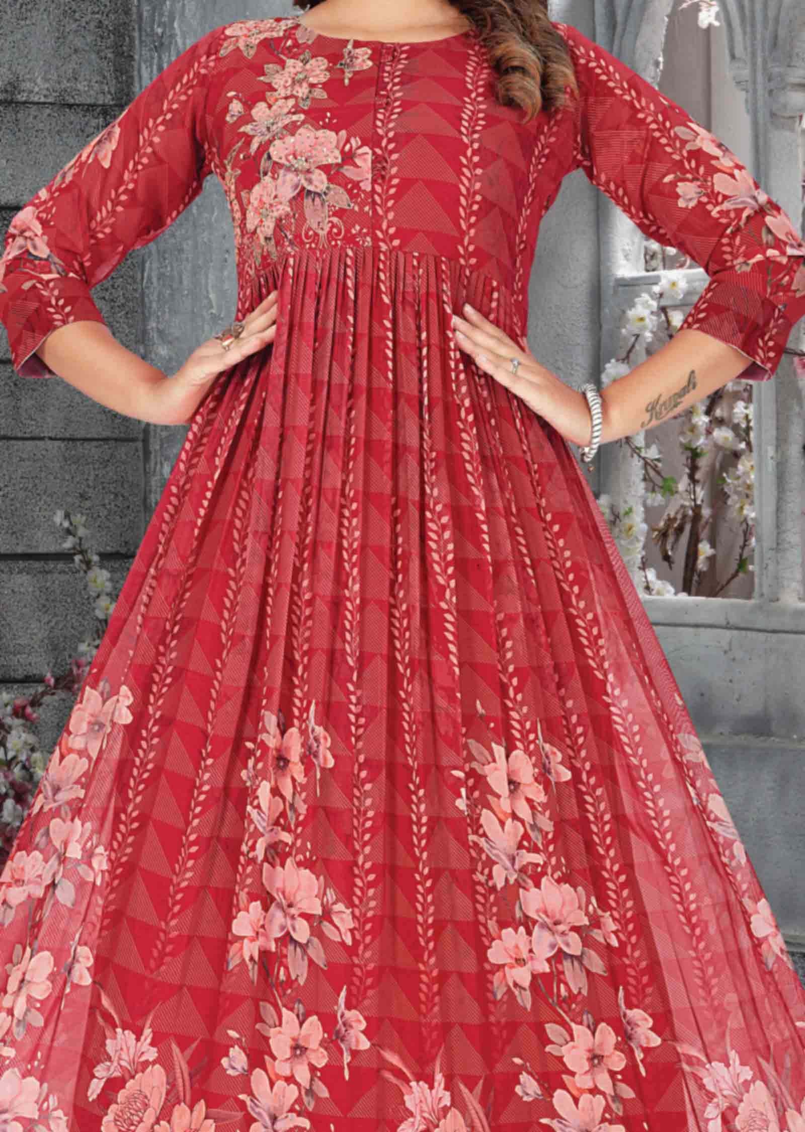 Reddish Maroon Georgette EmbroideredFull Length Kurti