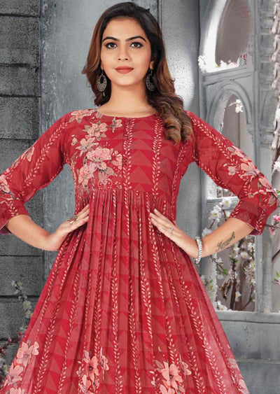 Reddish Maroon Georgette EmbroideredFull Length Kurti