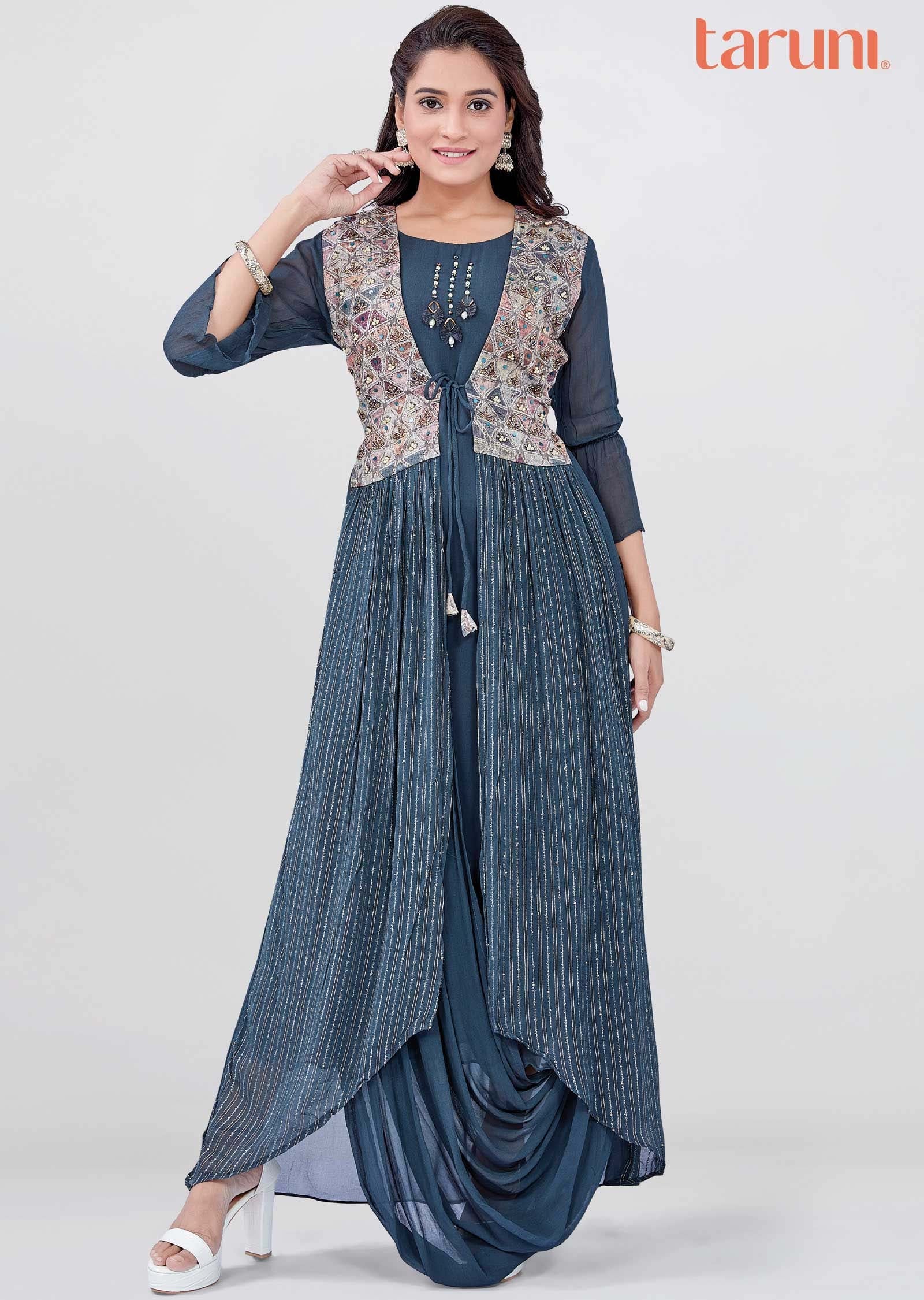 Grey Georgette Zardosi & EmbroideredFull Length Kurti