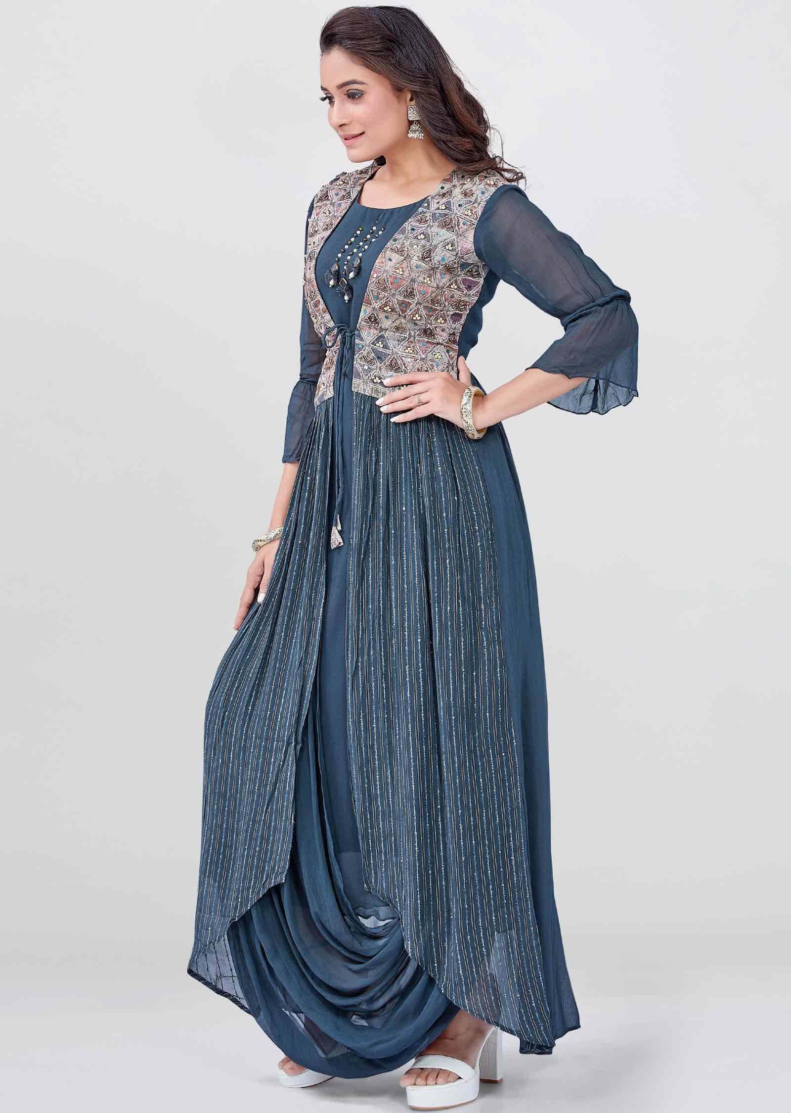 Grey Georgette Zardosi & EmbroideredFull Length Kurti