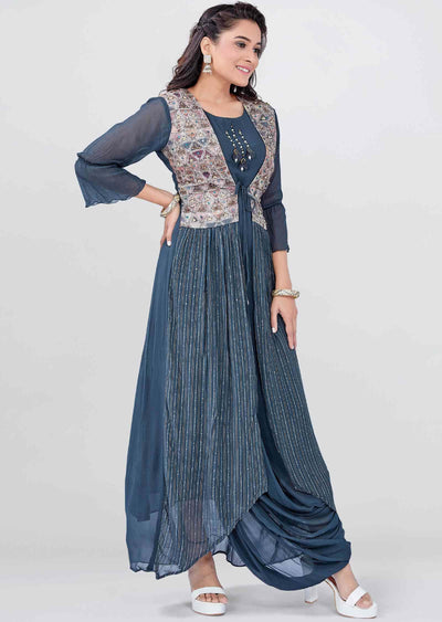 Grey Georgette Zardosi & EmbroideredFull Length Kurti