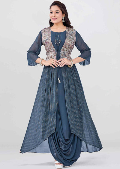 Grey Georgette Zardosi & EmbroideredFull Length Kurti