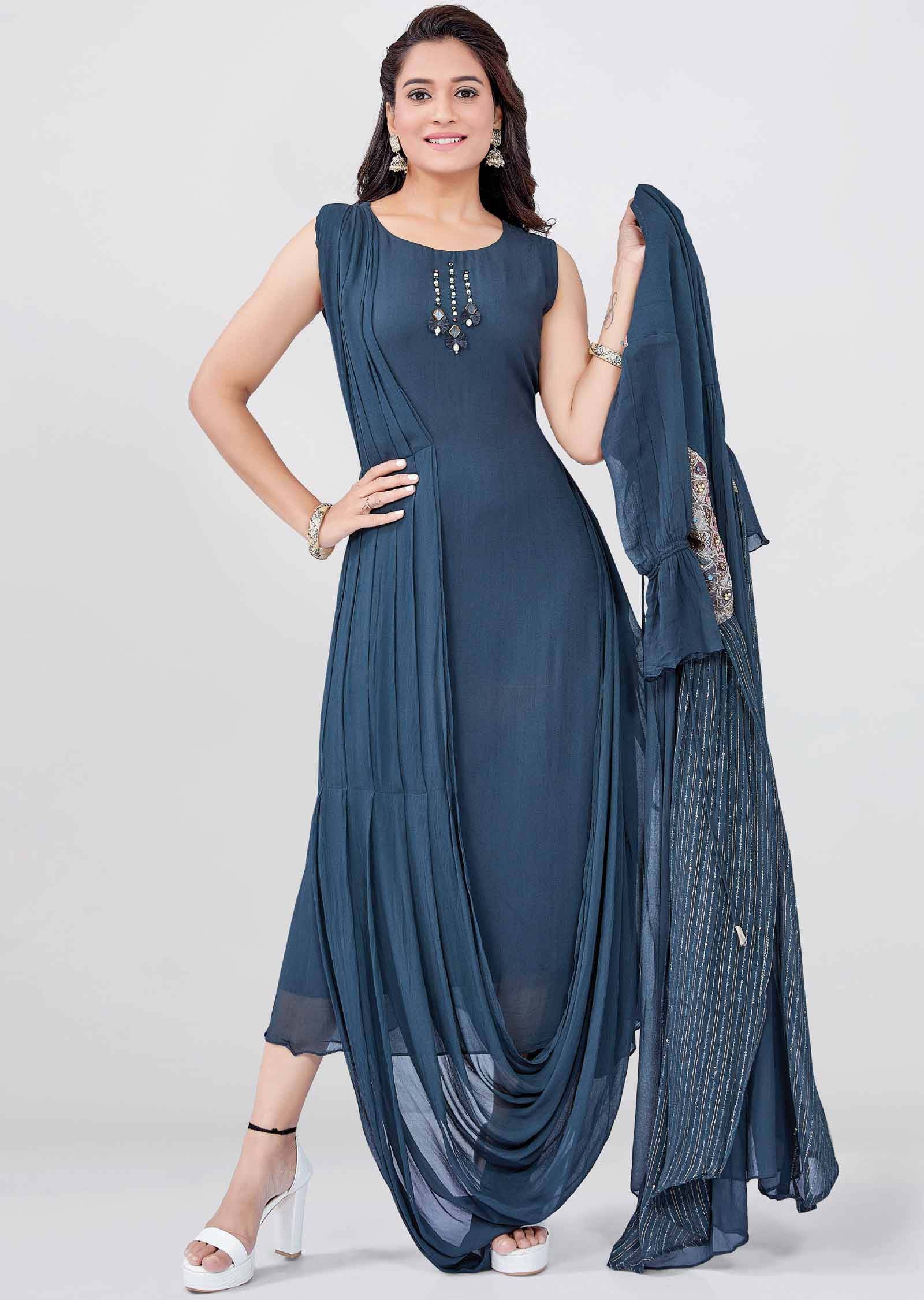 Grey Georgette Zardosi & EmbroideredFull Length Kurti