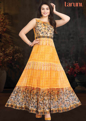 Yellow Georgette Embroidered Kurti Full legth