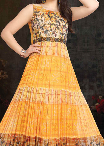 Yellow Georgette Embroidered Kurti Full legth