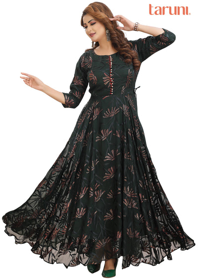 Bottle Green Chiffon Kurti Full length