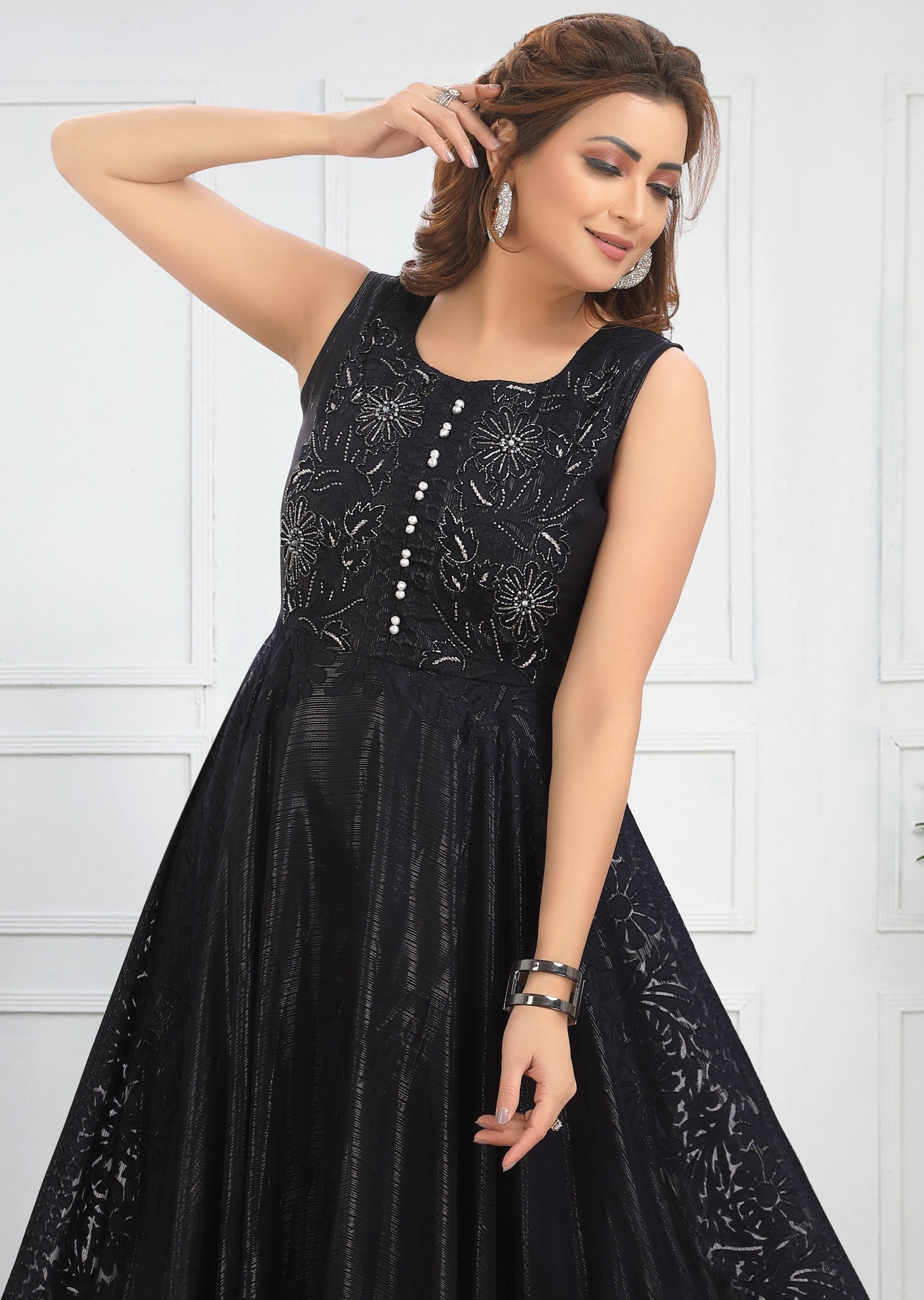 Dark Navy Blue Brassoo Chiffon Kurti Full length