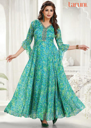 Sea Green & Green Chiffon Kurti Full Length