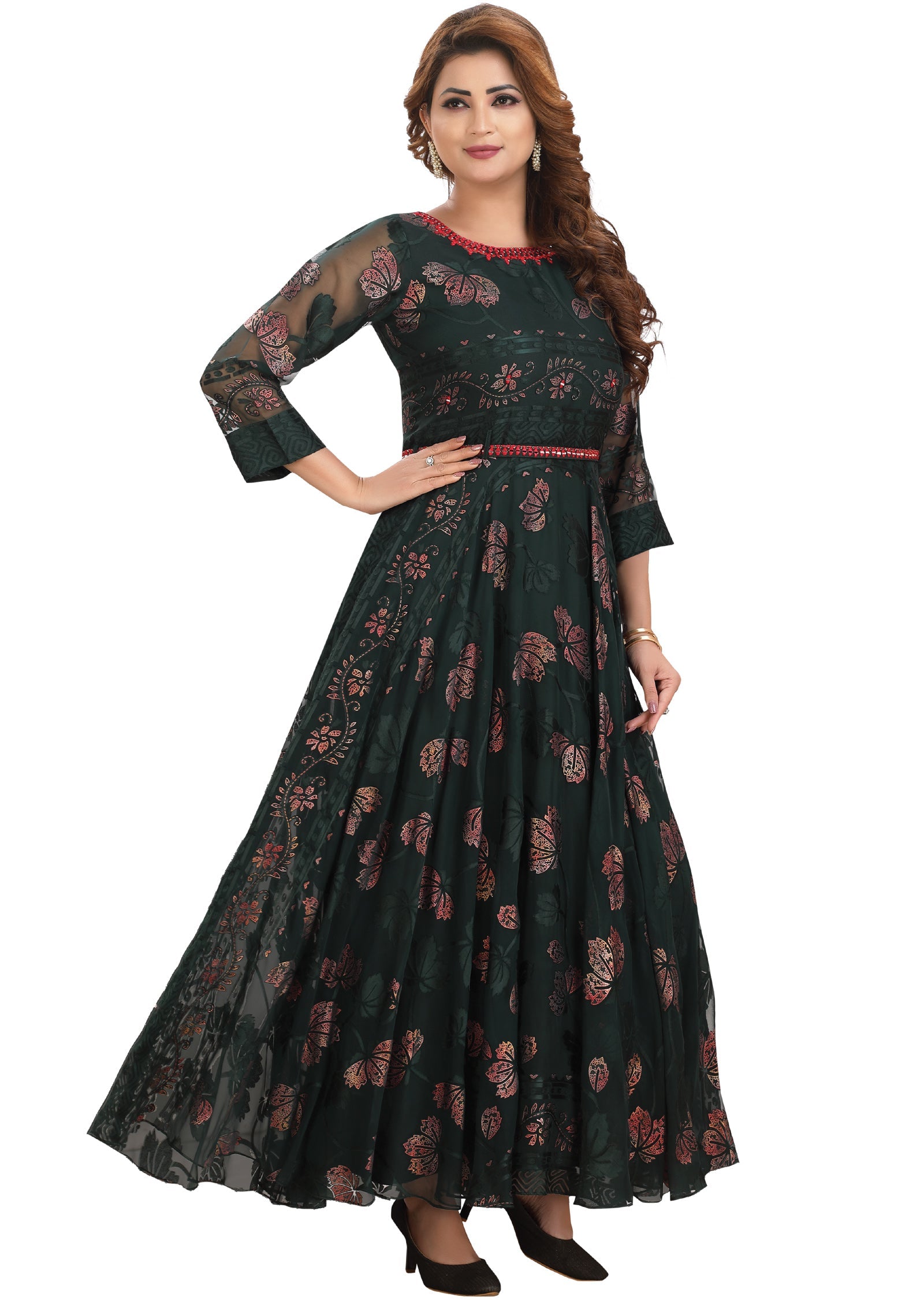 Bottle Green Brasso Chiffon Kurtis Full Length