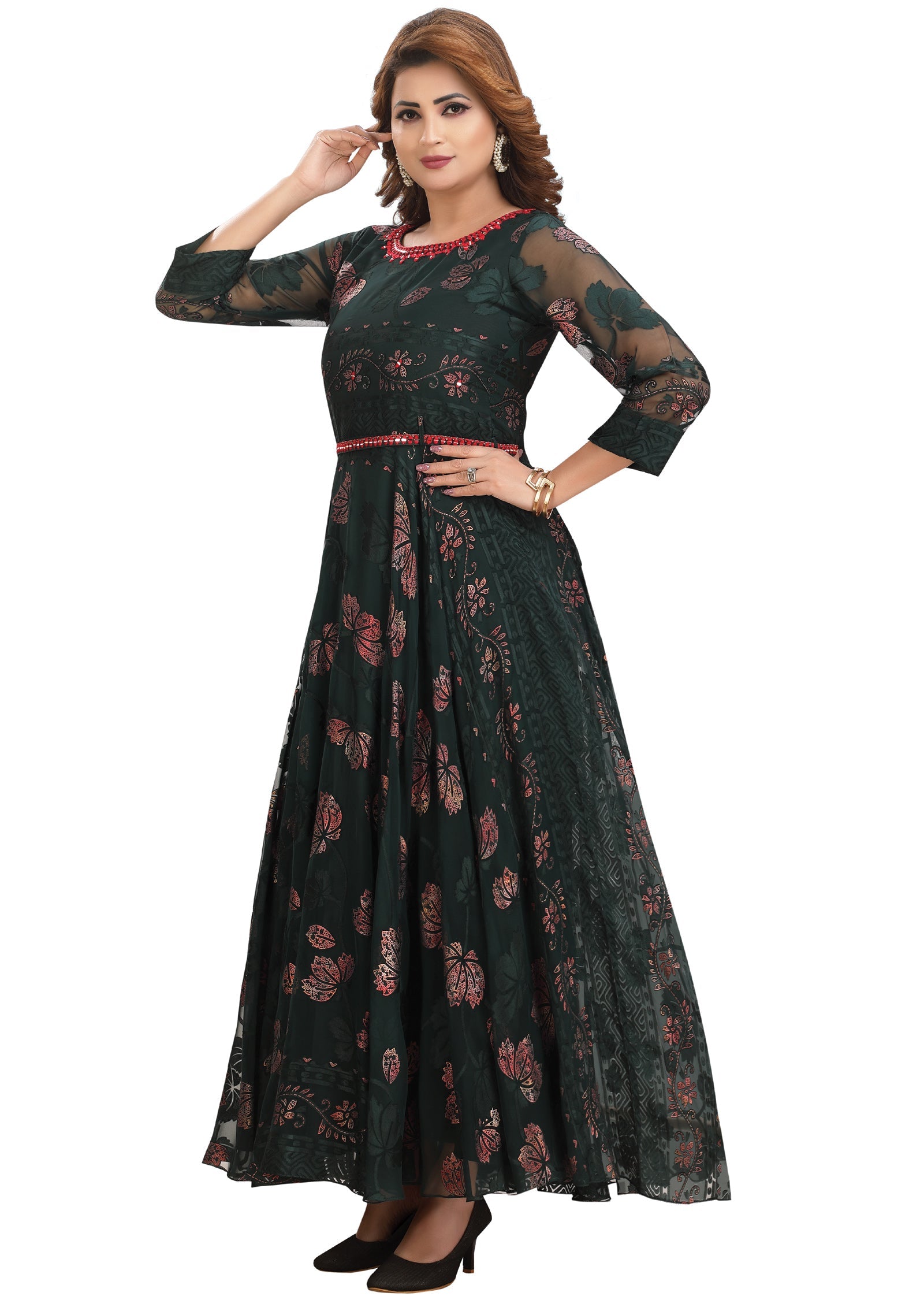 Bottle Green Brasso Chiffon Kurtis Full Length