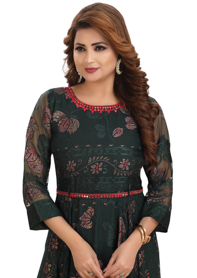 Bottle Green Brasso Chiffon Kurtis Full Length