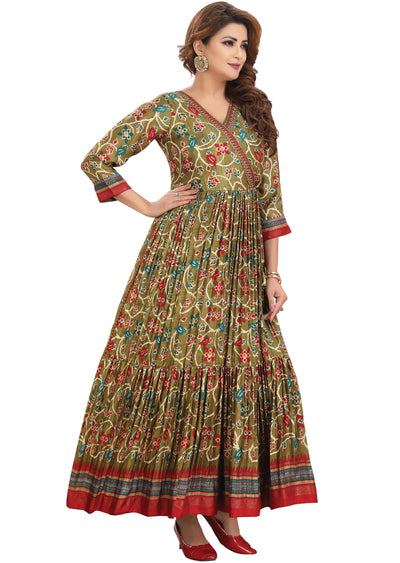 Mehndi Green Silk Kurtis Full Length