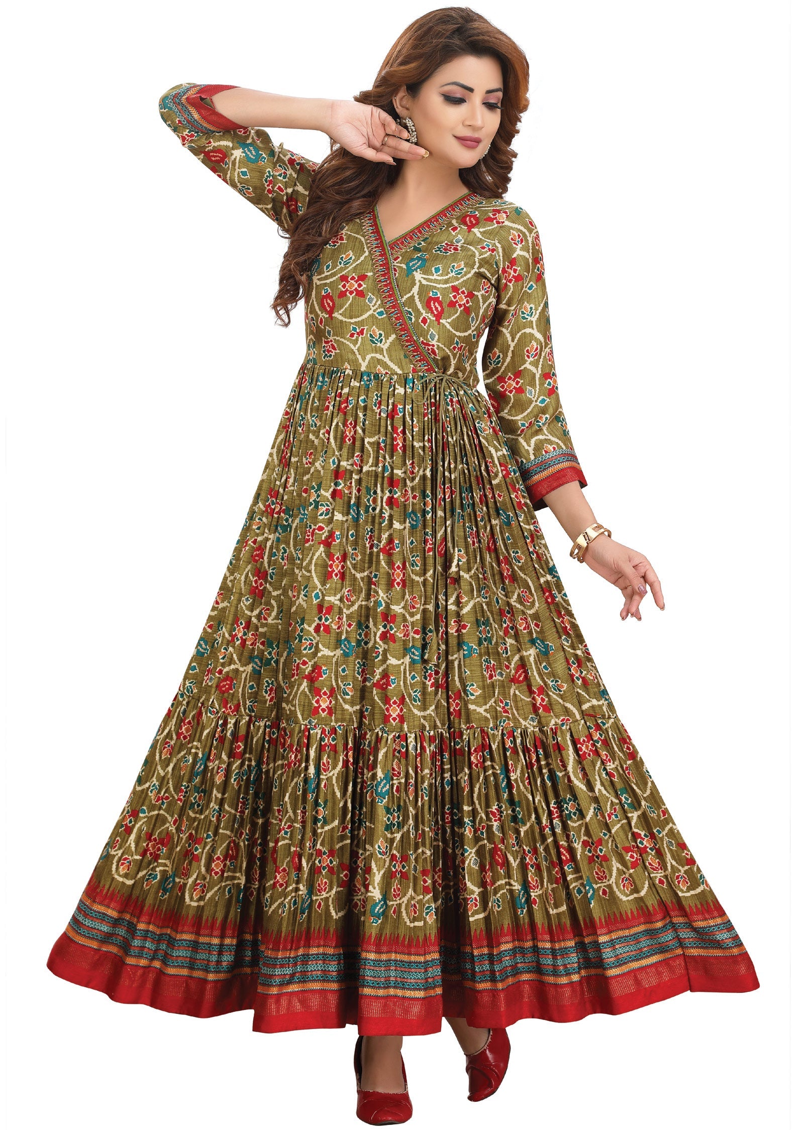 Mehndi Green Silk Kurtis Full Length