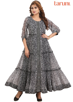 Off White & Black Chiffon Kurti Full Length