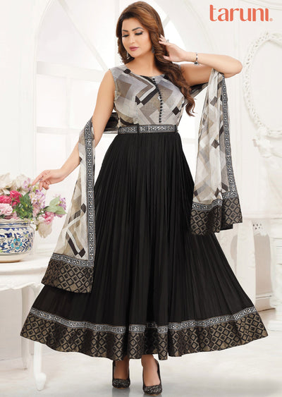 Black & Grey Georgette Gown-Style Kurti with Belt