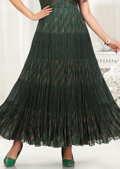 Dark Green Chiffon Gown-Style Kurti with Beads & Mirrors