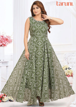 Mehndi Green Printed Chiffon Gown-Style Kurti