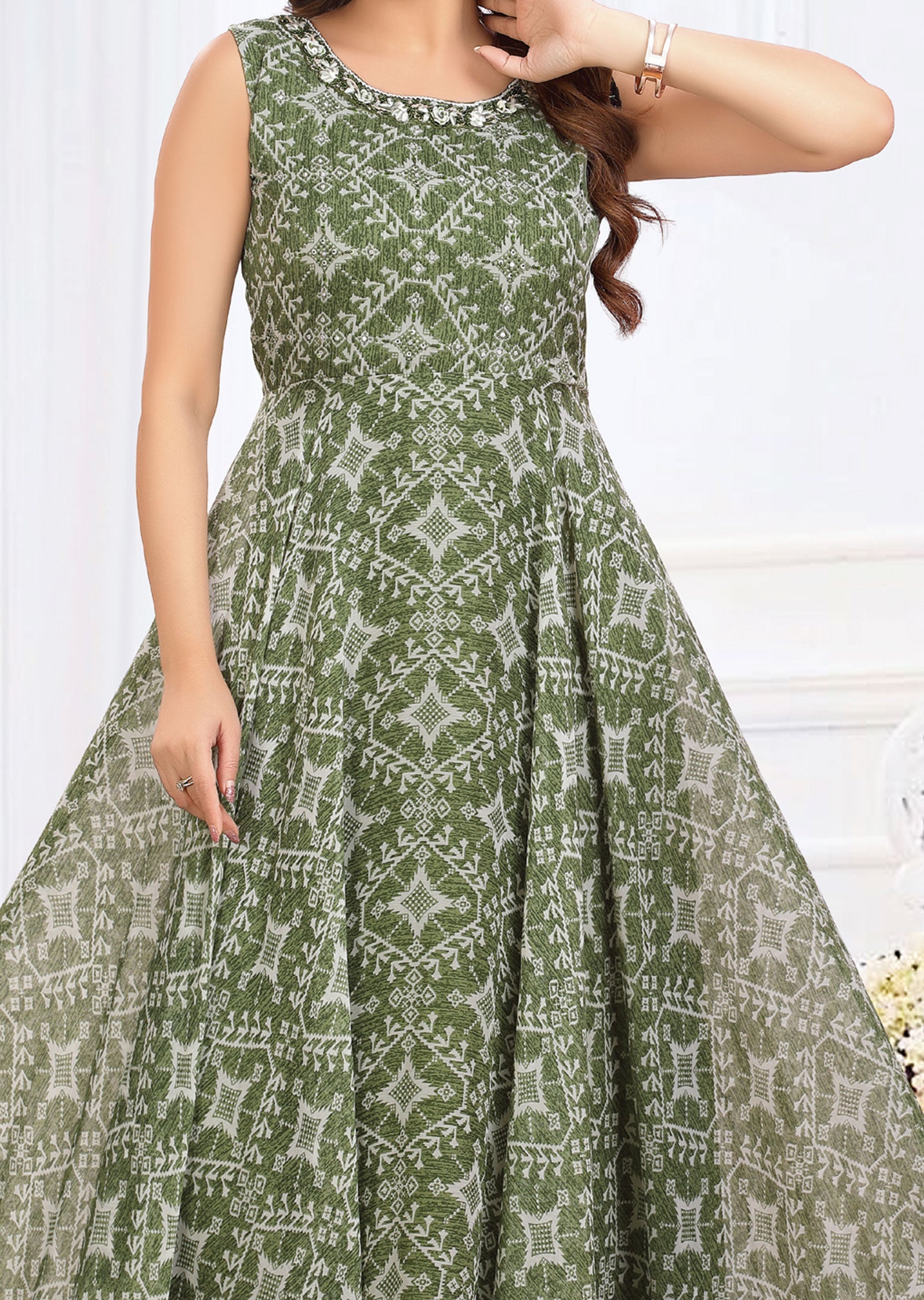 Mehndi Green Printed Chiffon Gown-Style Kurti