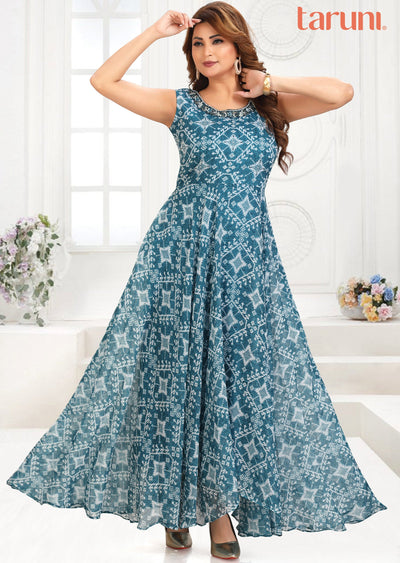 Blue Printed Chiffon Gown-Style Kurti