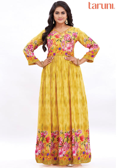 Yellow Crepe Kurti Full Length