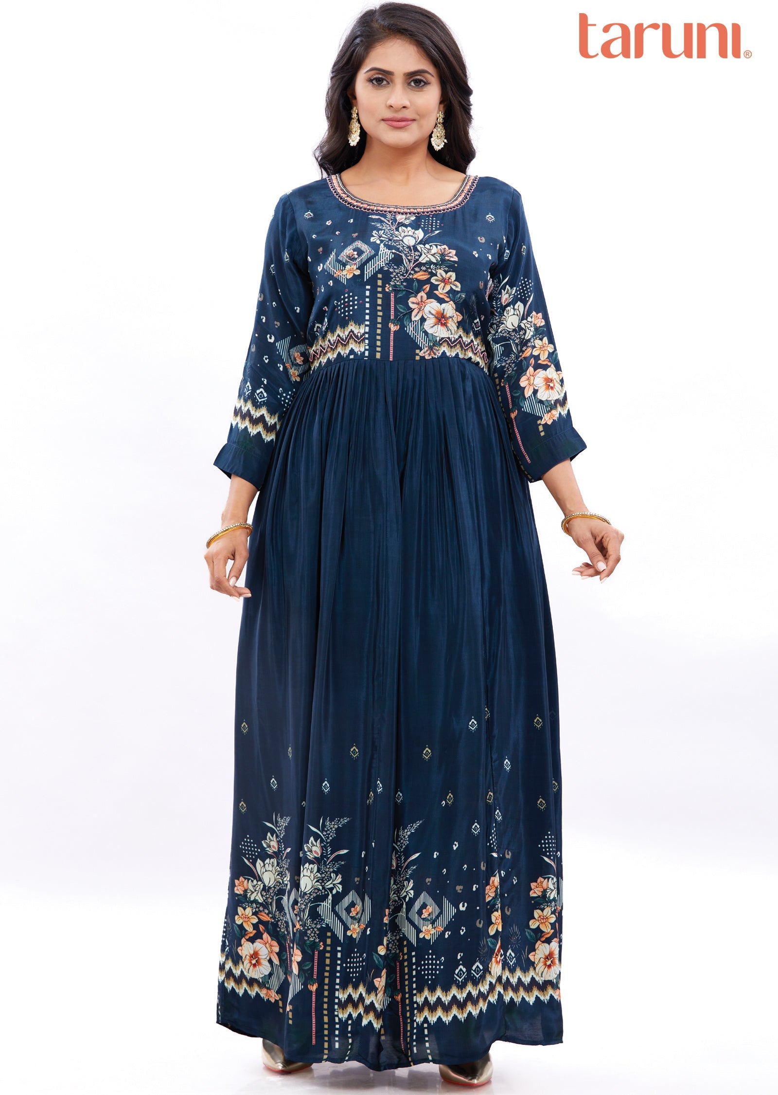 Teal Blue Crepe Kurti Full Length