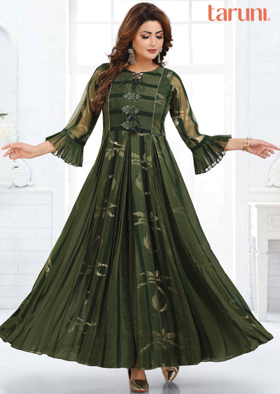 Bottle Green Banaras Georgette Kurti Full Length