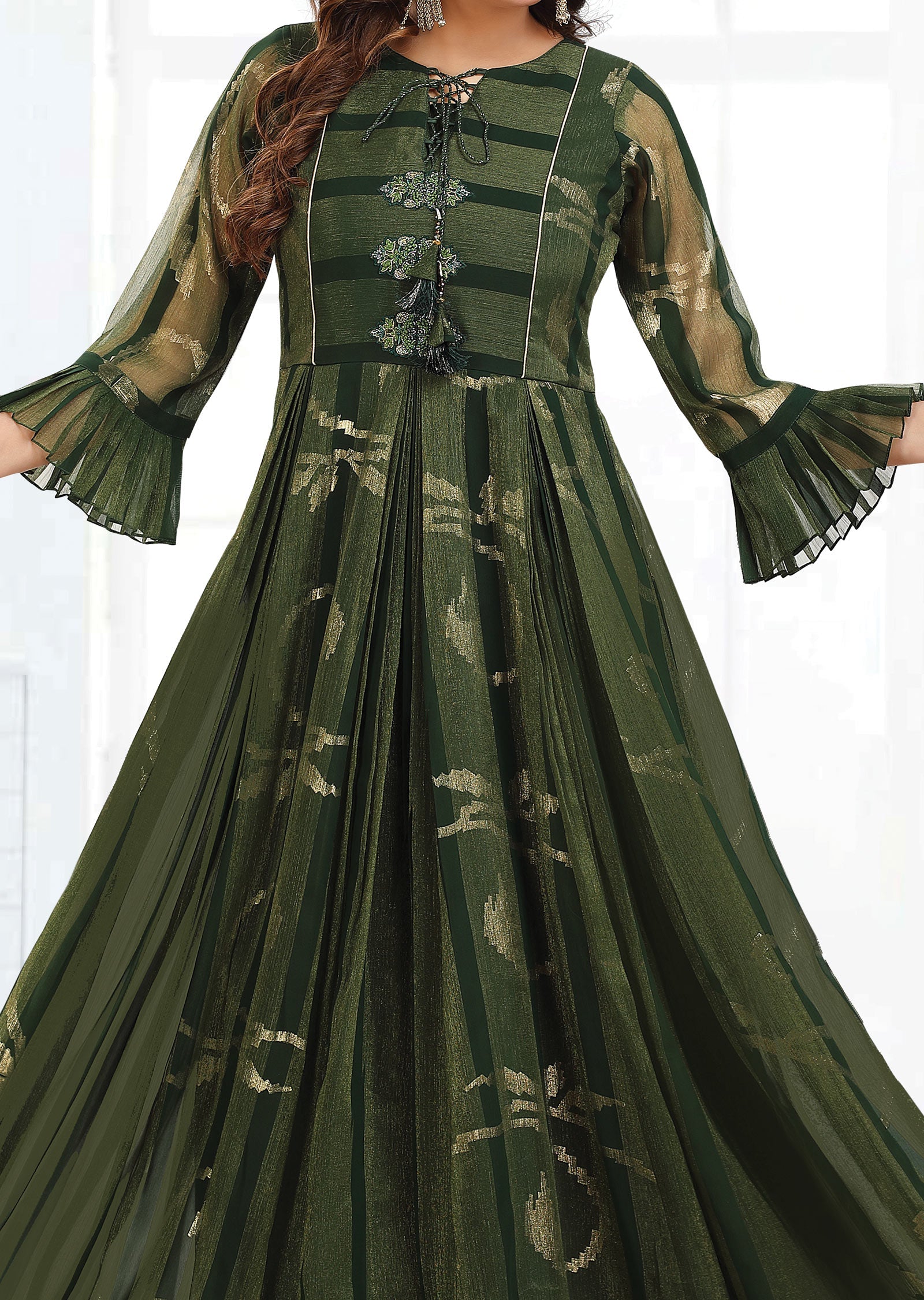 Bottle Green Banaras Georgette Kurti Full Length