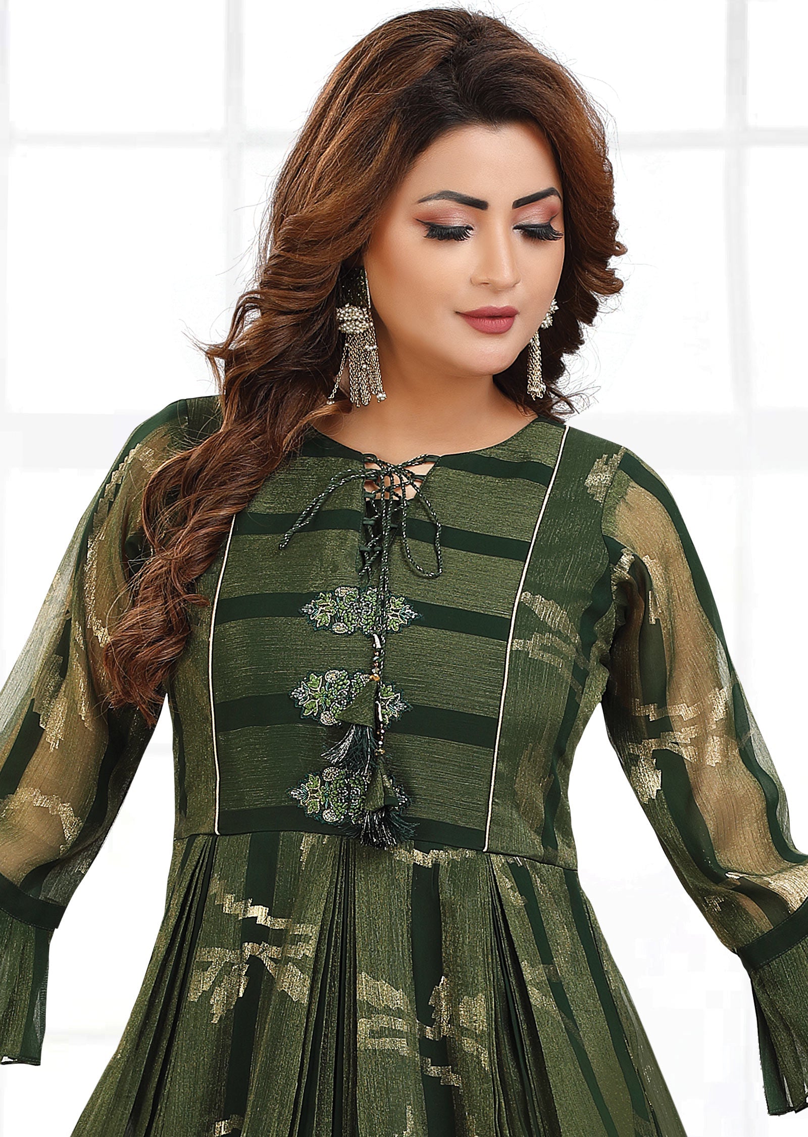 Bottle Green Banaras Georgette Kurti Full Length