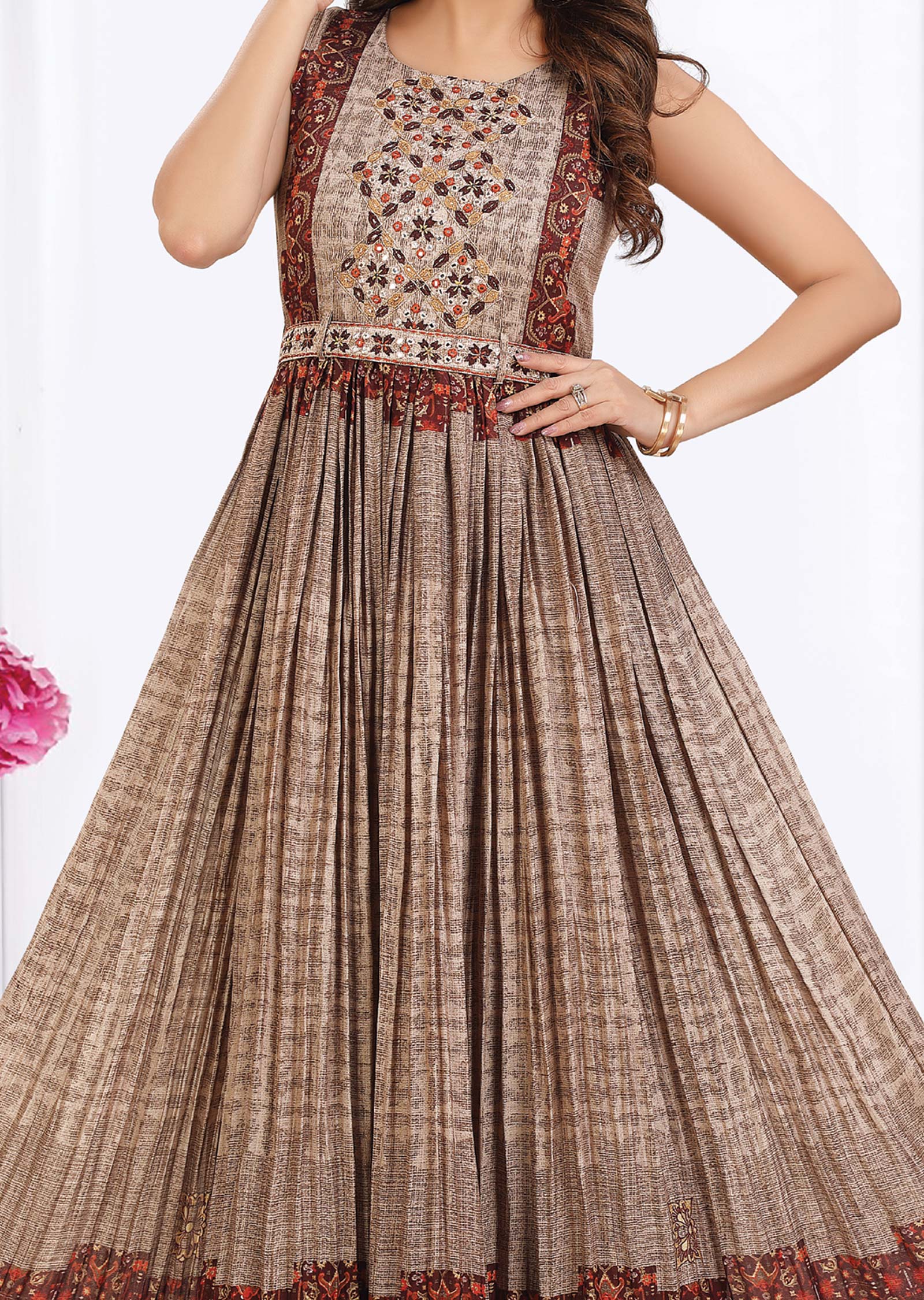 Grey & Brown Chiffon Kurti Full Length