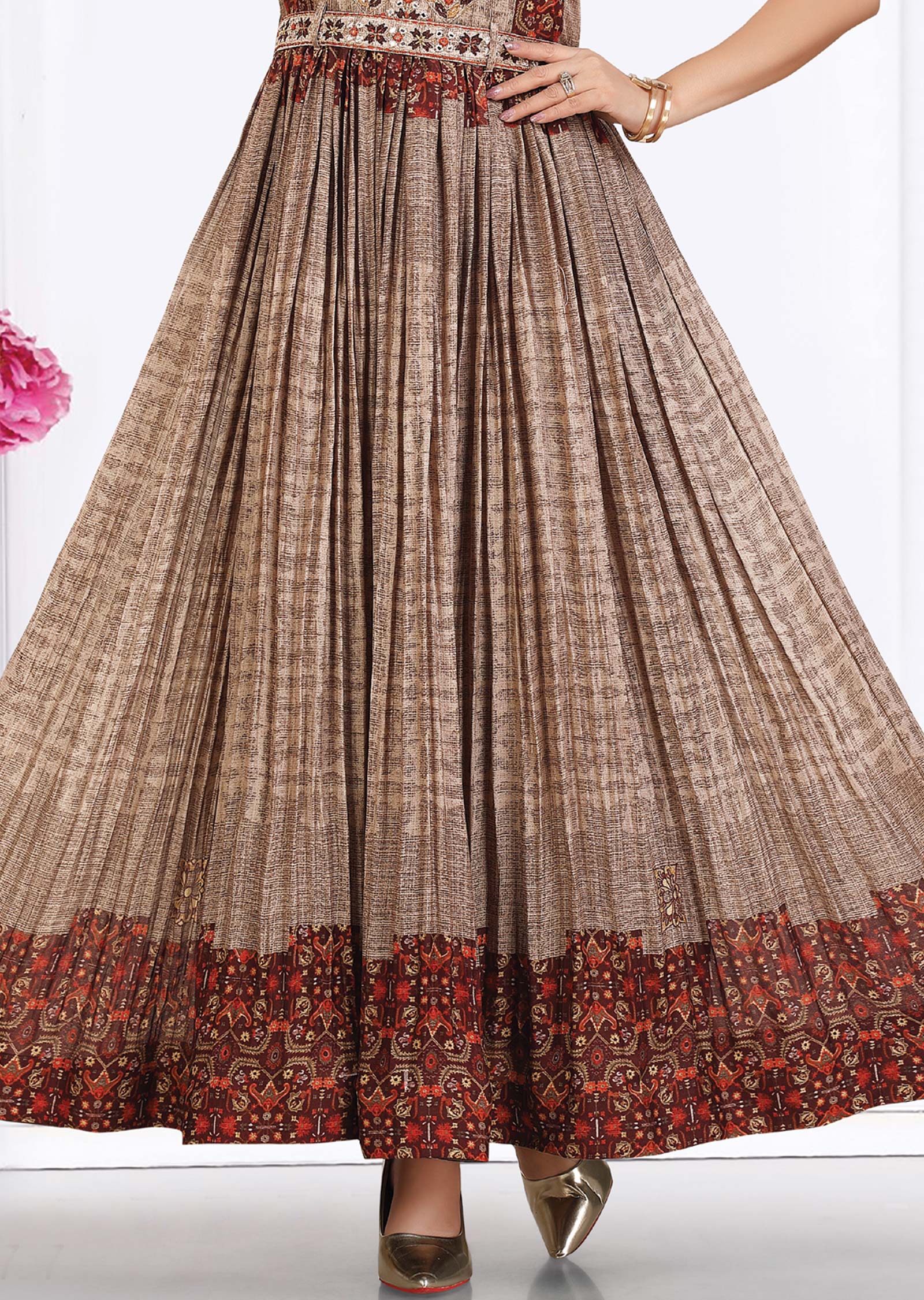 Grey & Brown Chiffon Kurti Full Length