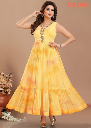 Yellow & Light Orange Tissue Chiffon Kurti Full Length