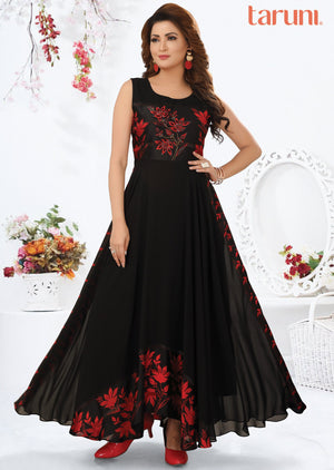 Black & Red Satin Georgette Kurti Full Length