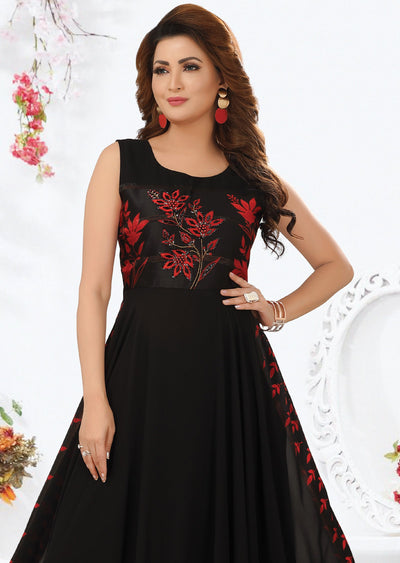 Black & Red Satin Georgette Kurti Full Length