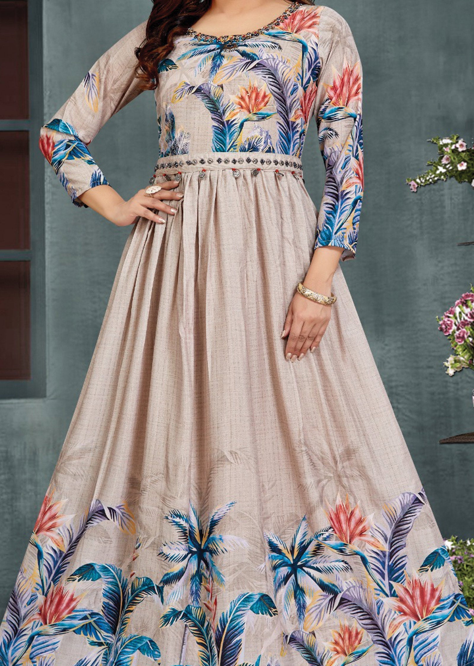 Beige Chinnon Kurti Full Length