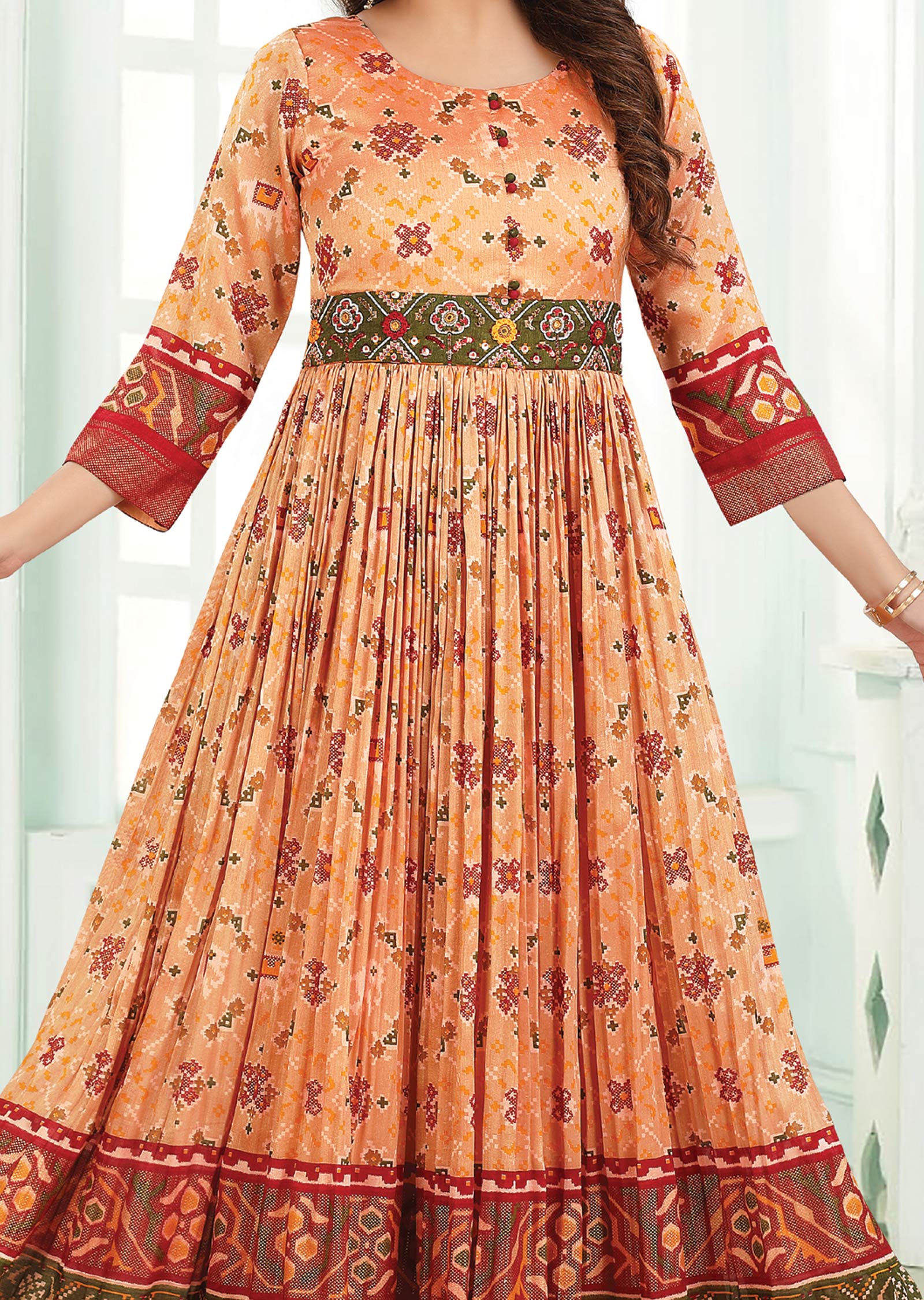 Peach & Green Silk Kurti Full Length