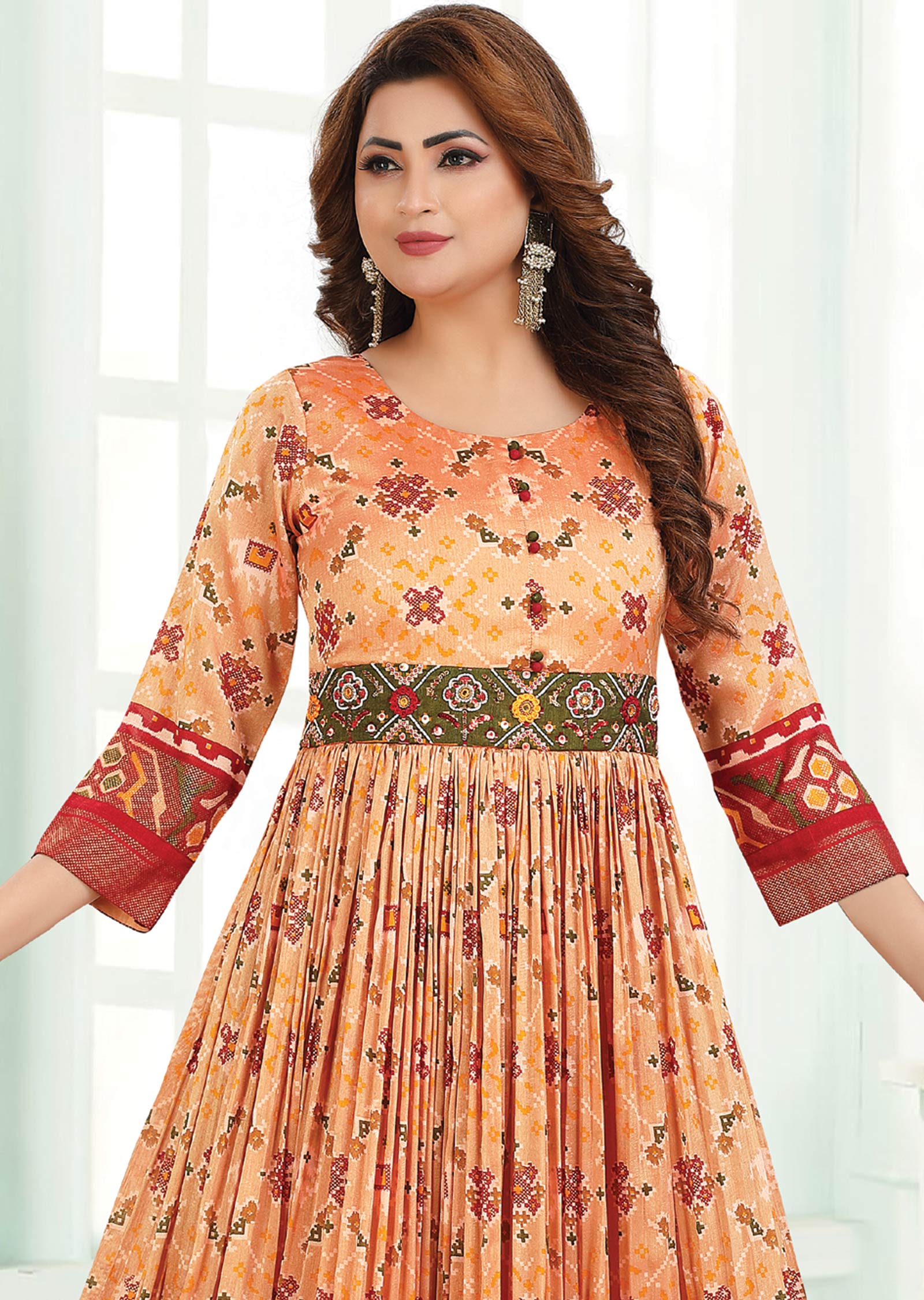 Peach & Green Silk Kurti Full Length