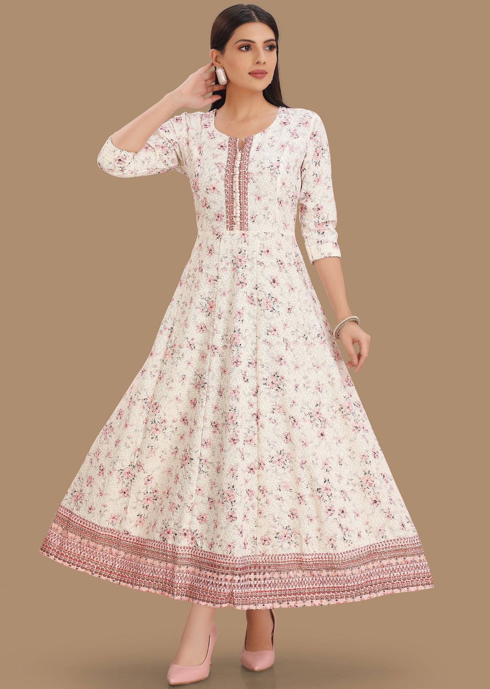 Off White Chicken Reyon Kurti Full Length