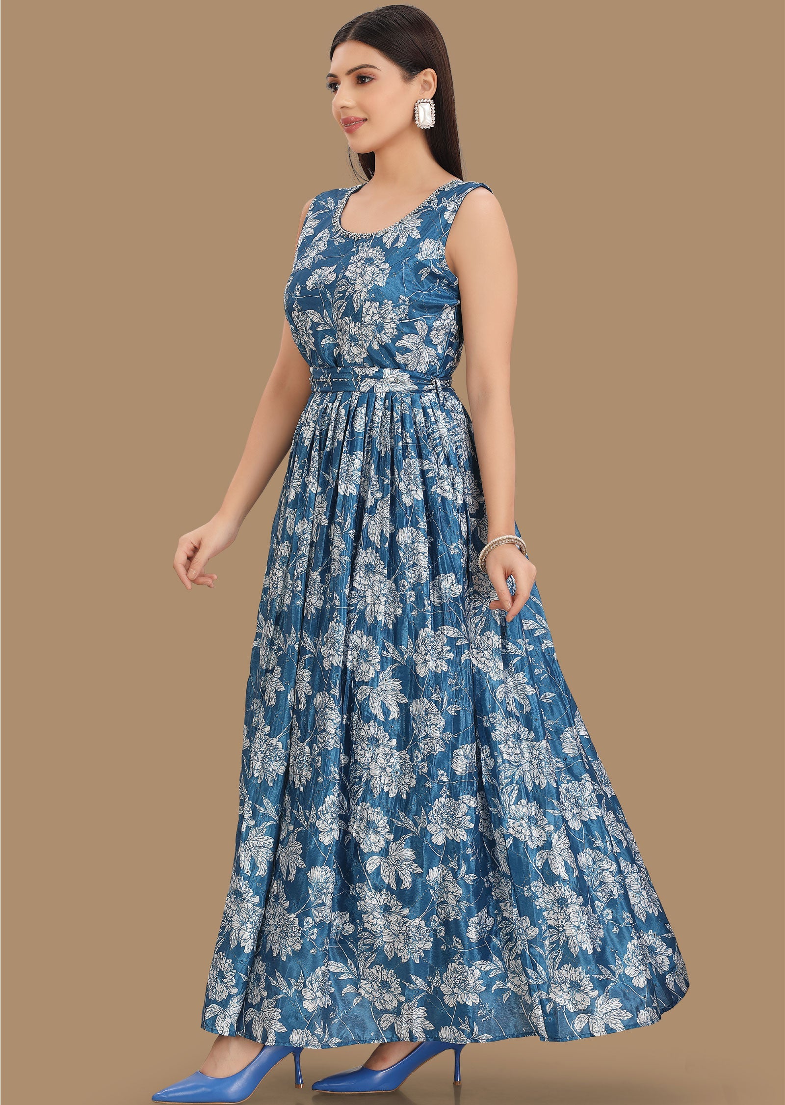 Blue Chinnon Kurti Full Length