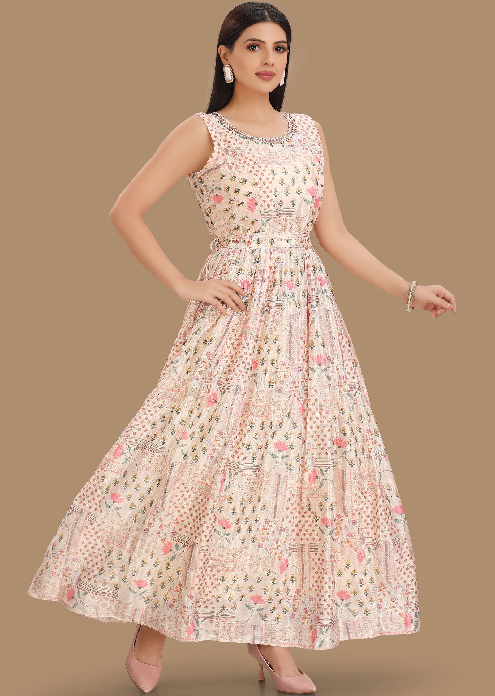 Dusty Peach Chinnon Kurti Full Length