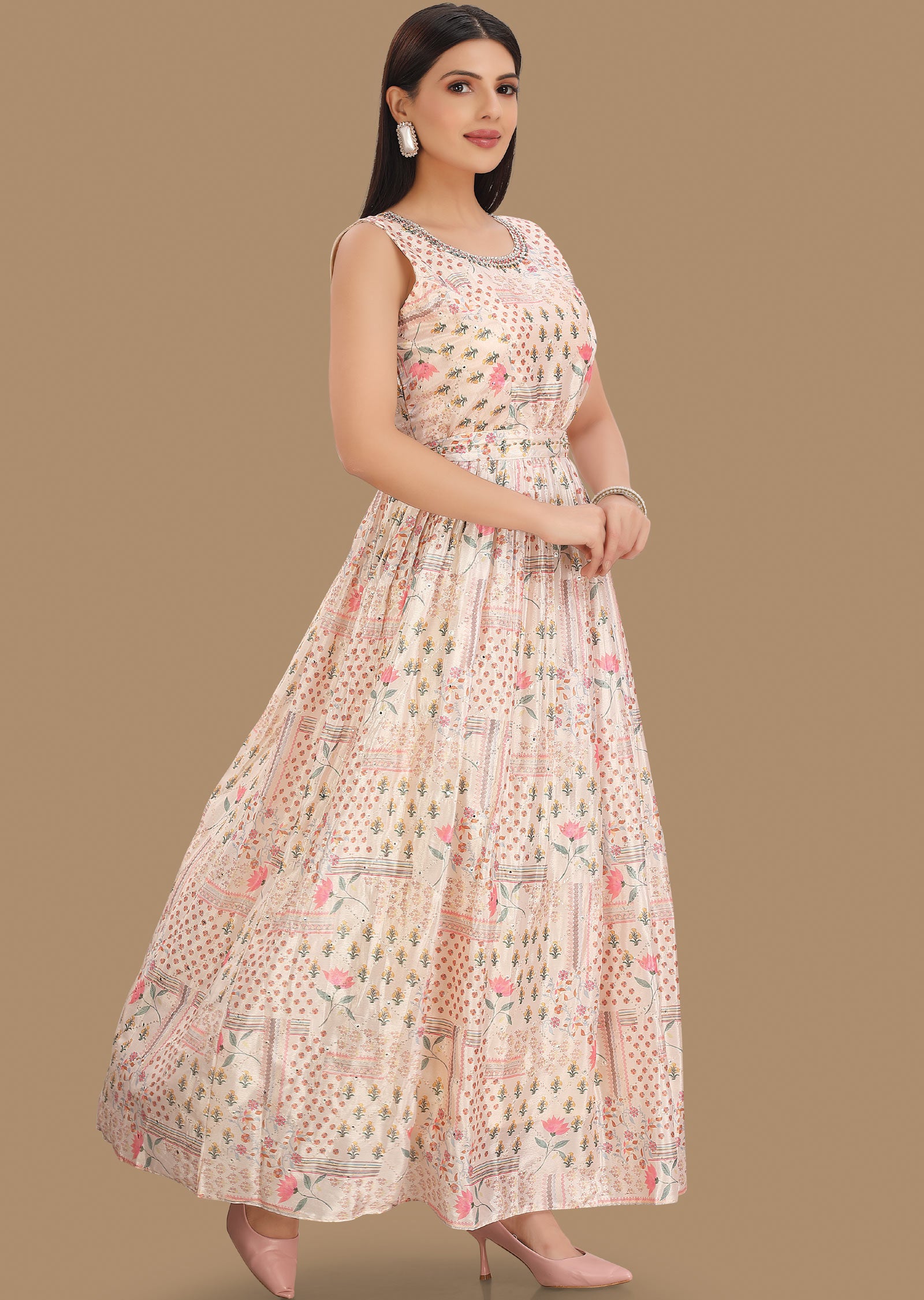 Dusty Peach Chinnon Kurti Full Length