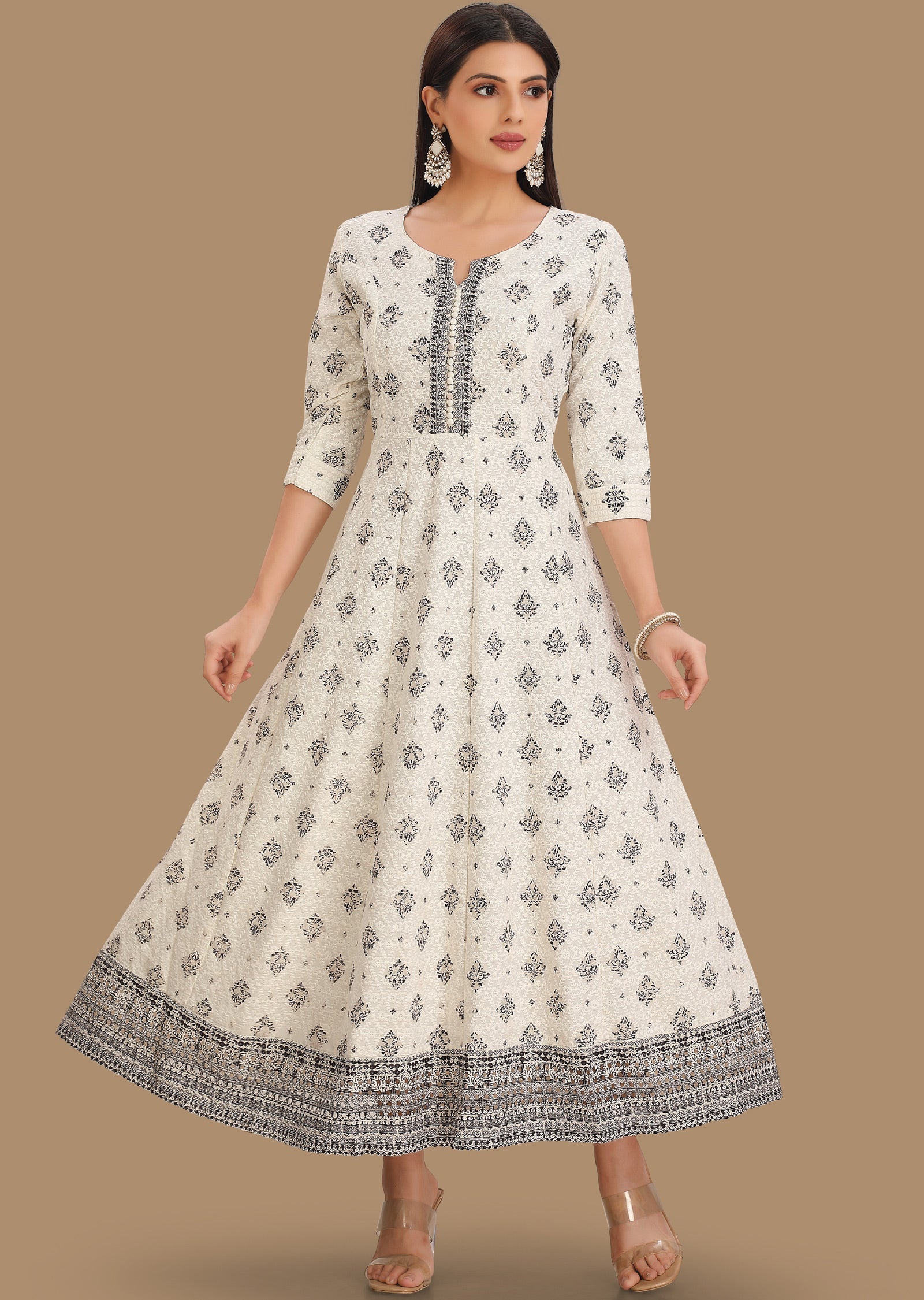 Off White & Black Chicken Reyon Kurti Full Length