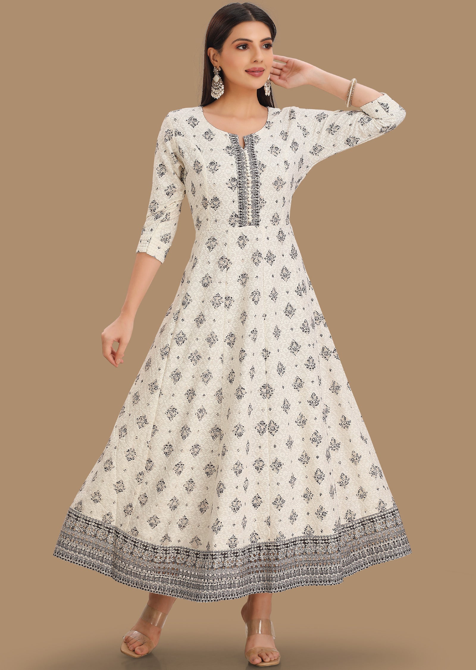 Off White & Black Chicken Reyon Kurti Full Length