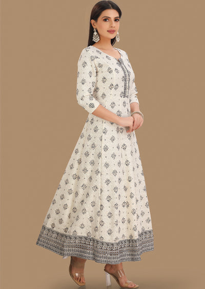 Off White & Black Chikankari Reyon Kurti Full Length