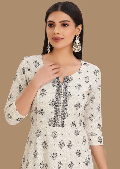 Off White & Black Chikankari Reyon Kurti Full Length