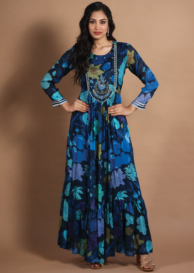 Navy Blue Chinnon Kurtis Full Length