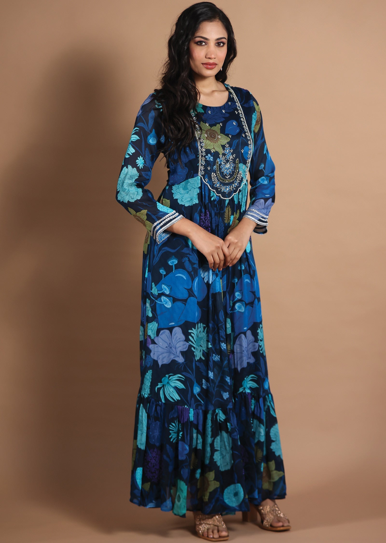 Navy Blue Chinnon Kurtis Full Length