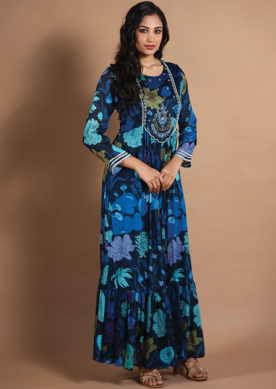 Navy Blue Chinnon Kurtis Full Length